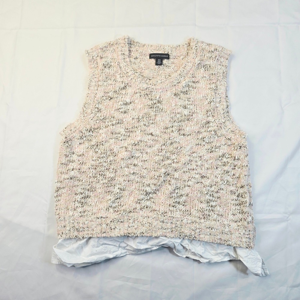 Saks Fifth Avenue Womens XL Sweater Vest Multi Layered Knit Top Pink White B46